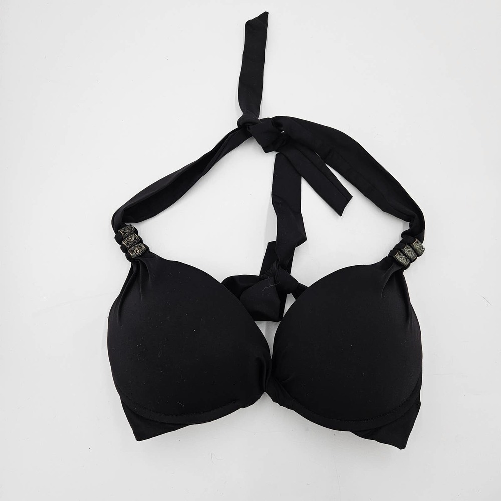 Becca Rebecca Virtue Black Underwire Halter Twist Front pushUp Cup Bikini Size L